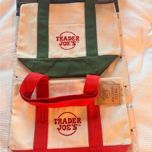 Trader Joe's 2 pieces mini Canvas Tote Bags with Red and Green Handles